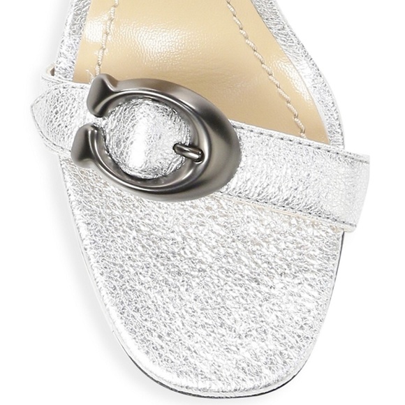 COACH Maya Signature C-Buckle Metallic Silver Leather Sandals Block Heel Pumps 6 - Picture 4 of 12